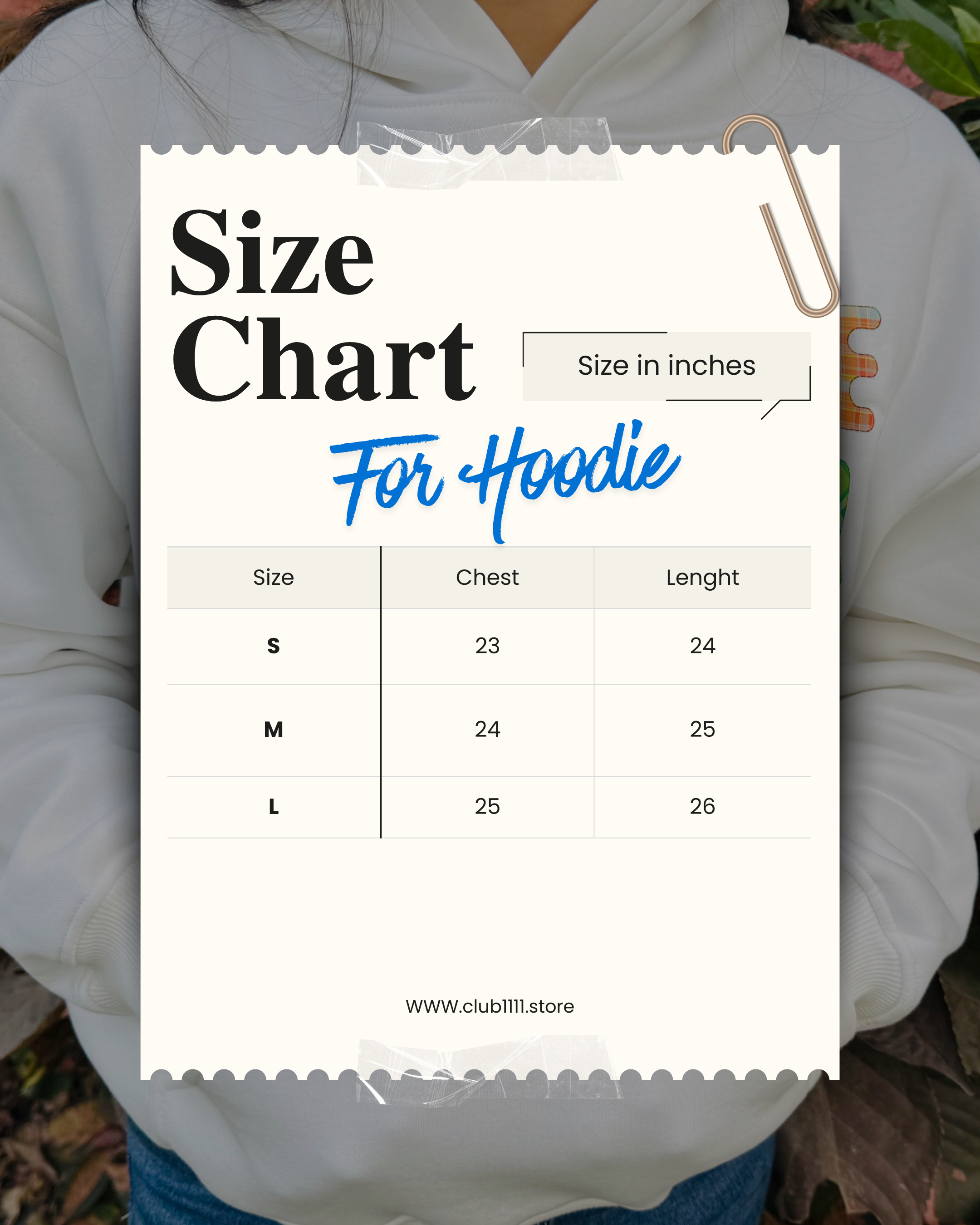 A size chart for a hoodie with measurements in inches.